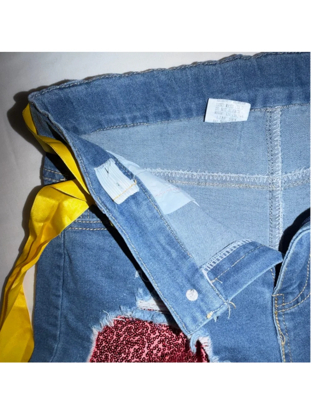 Girls L Distressed Sequin Denim Shorts Yellow Ribbon Belt Adjustable Waist Bling